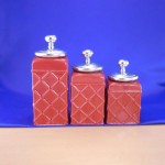CERAMIC CANISTER SET ROPE RED W/ SILVER PLAIN KNOB LIDS